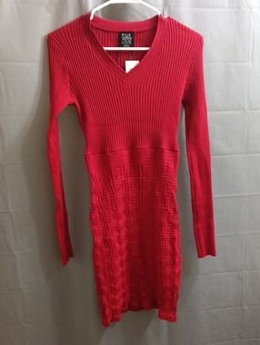 FCT with Love Brand Red Ribbed Knit V-Neck Dress
